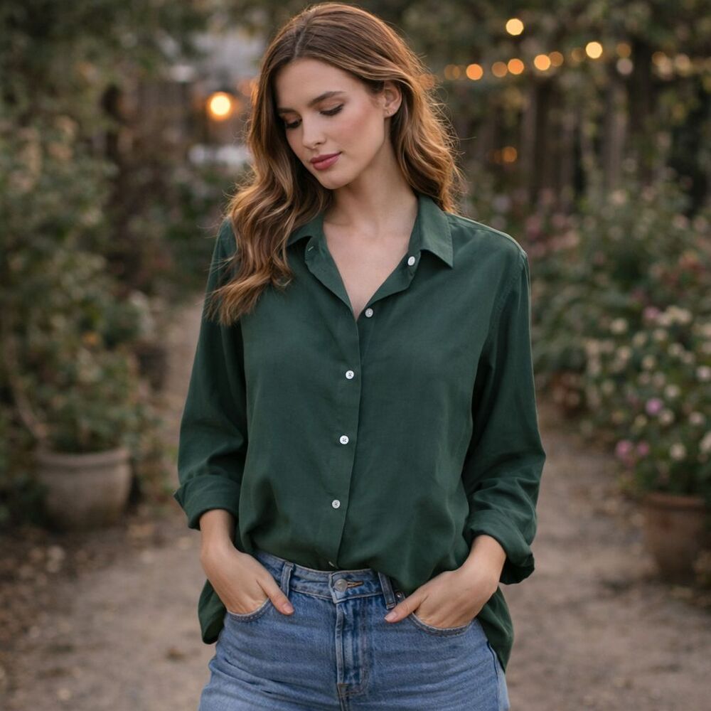 Abercrombie & Fitch 100% Silk Shirt Womens Sz L Evergreen 90s Country Clothes